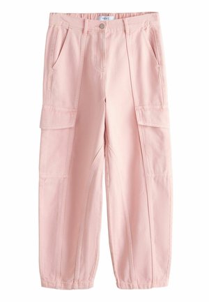 Svetlo ružové cargo nohavice s bočnými vreckami na klapky, prednými šikmými vreckami, gombíkovým pásom a elastickými manžetami.