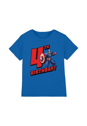 Blue cotton t-shirt featuring a comic-style design with text "4th BIRTHDAY!" alongside an illustrated character wearing a shield.