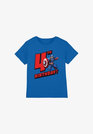 Blue cotton t-shirt featuring a comic-style design with text "4th BIRTHDAY!" alongside an illustrated character wearing a shield.