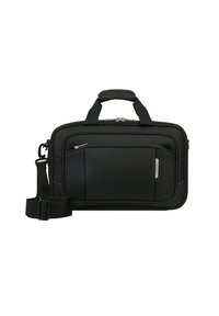 Sac à dos en tissu texturé noir pour ordinateurs portables, avec deux poignées supérieures, une sangle détachable, un compartiment principal zippé et une poche avant. Design minimaliste.