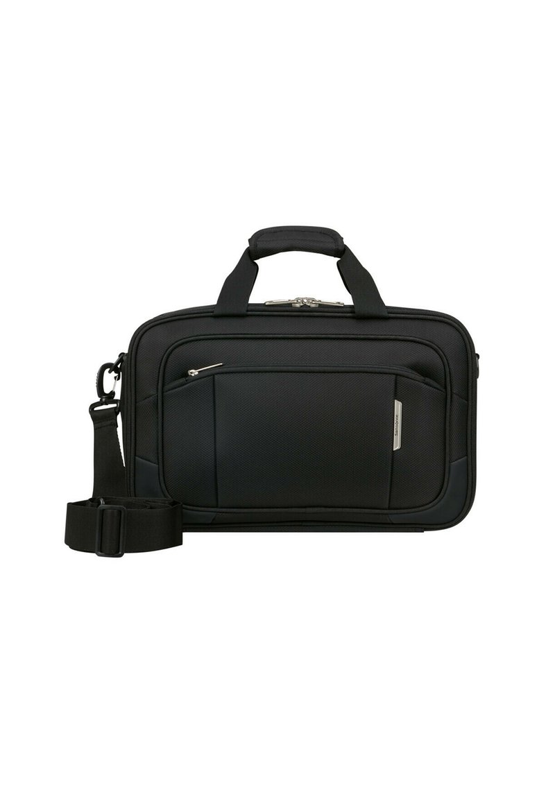 Sac à dos en tissu texturé noir pour ordinateurs portables, avec deux poignées supérieures, une sangle détachable, un compartiment principal zippé et une poche avant. Design minimaliste.