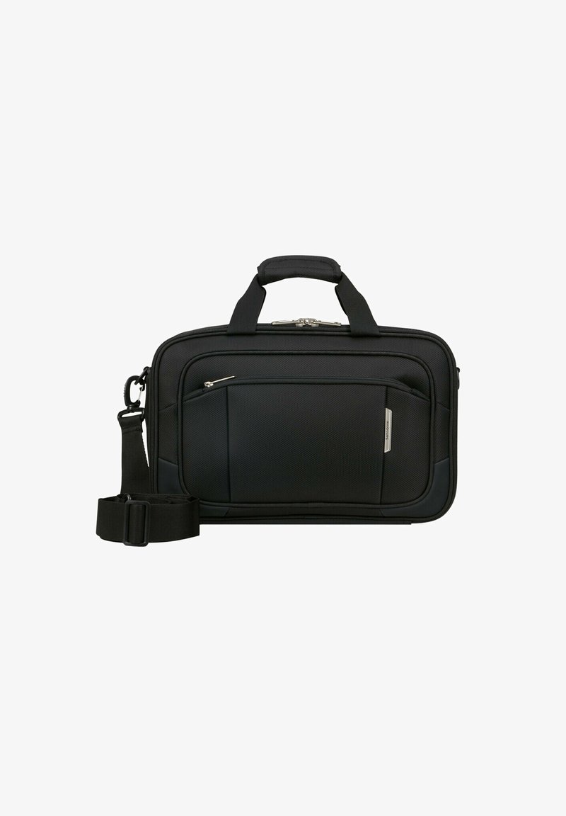 Sac à dos en tissu texturé noir pour ordinateurs portables, avec deux poignées supérieures, une sangle détachable, un compartiment principal zippé et une poche avant. Design minimaliste.
