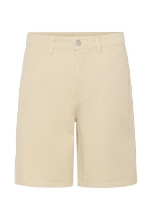 Béžové šortky dĺžky ku kolenám s predným zapínaním na gombík a zips, s pútkami na opasok a bočnými vreckami, zobrazené na bielom pozadí.