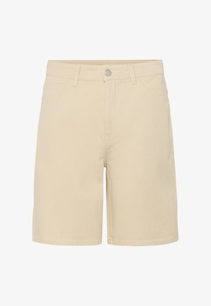 Pantaloncini beige al ginocchio con chiusura frontale a bottone e cerniera, passanti per cintura e tasche laterali, mostrati su sfondo bianco.