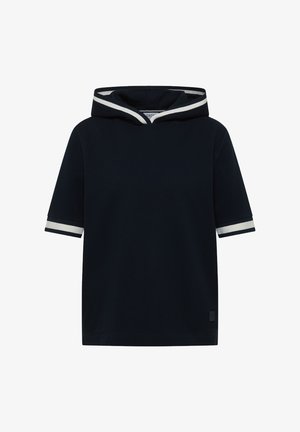Granatowa krótka bluza z kapturem z białymi paskami na krawędzi kaptura i mankietach rękawów, wykonana z teksturowanej tkaniny.