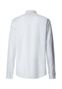 Chemise blanche à manches longues avec motif en quadrillage bleu clair, poignets boutonnés et col standard, vue de dos.