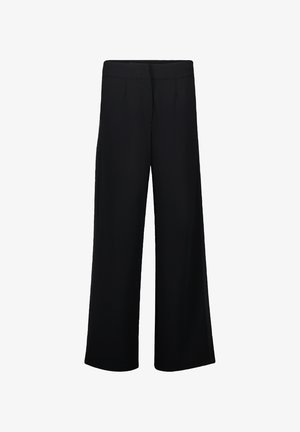 Black wide-leg trousers made from smooth fabric. Features a flat front with two vertical creases and a comfortable waistband.