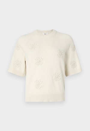 Creme kortærmet sweater med blomsterbroderi, rund halsudskæring og ribbet detalje ved ærmer og bund. Blød tekstur og afslappet pasform.