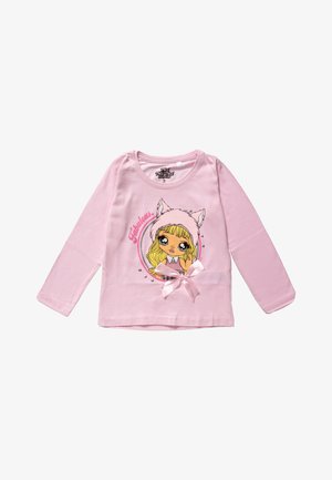 Pink long-sleeve child’s shirt with cartoon girl wearing cat-ear hat, "Fabulous" text, small rhinestones, and a satin bow on front.
