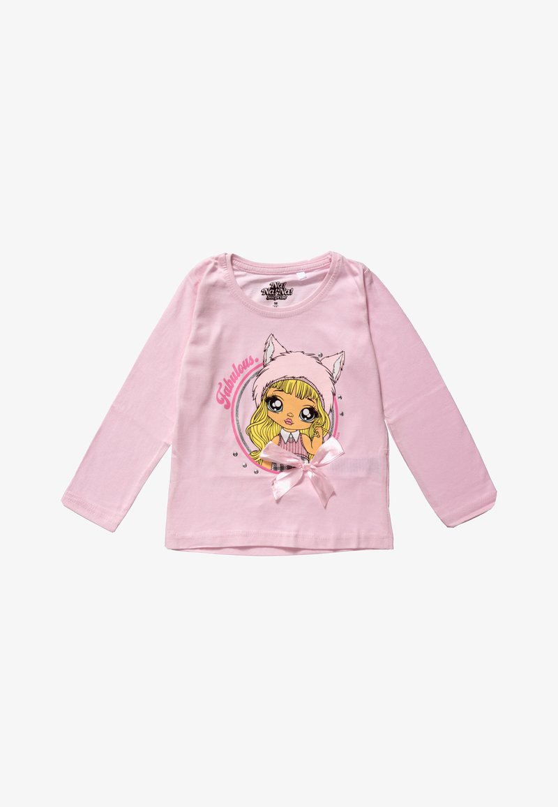 Chemise rose à manches longues pour enfant avec illustration d’une fille en dessin animé portant un chapeau à oreilles de chat, texte "Fabulous", petits strass et un nœud en satin à l’avant.