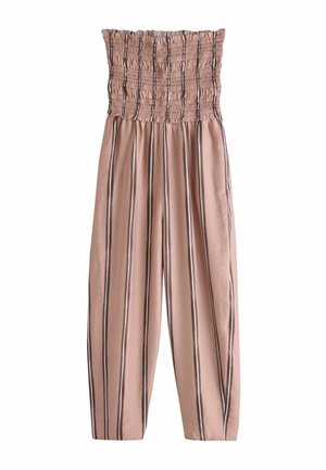 Ružový overal bez ramienok s našúchaným živôtikom a širokými nohavicami s vertikálnymi bielymi a čiernymi pruhmi.