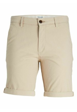 Beige Baumwollshorts mit strukturierter Oberfläche, ausgestattet mit einem Knopfverschluss, Gürtelschlaufen und umgeschlagenen Säumen. Markenlabel innen sichtbar.