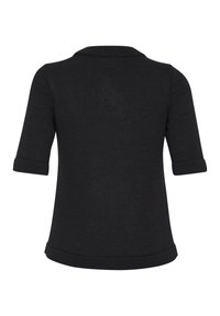 Czarny dzianinowy sweter z krótkimi rękawami, z zaokrąglonym kołnierzykiem i podwiniętymi mankietami. Faktura jest tkana i posiada subtelny wzór.