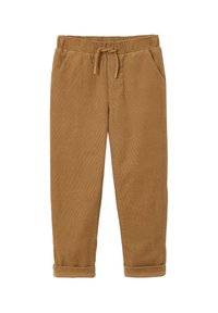 Brown corduroy pants with an elastic waistband, drawstring, and two side pockets. Rolled cuffs at the ankle. Soft texture and ribbed pattern.