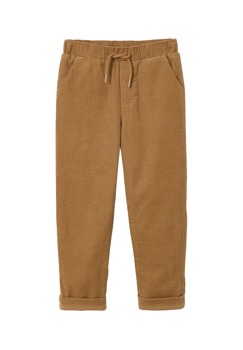 Brown corduroy pants with an elastic waistband, drawstring, and two side pockets. Rolled cuffs at the ankle. Soft texture and ribbed pattern.