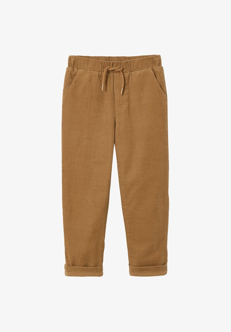 Brown corduroy pants with an elastic waistband, drawstring, and two side pockets. Rolled cuffs at the ankle. Soft texture and ribbed pattern.