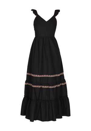 Black maxi dress with ruffled straps, V-neck, cinched waist, and tiered hem adorned with colorful embroidered accents. Made from lightweight fabric.