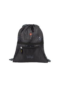 Zaino con cordoncino di colore nero con stampa galattica che presenta stelle e pianeti; include una tasca frontale con zip e un dettaglio del logo.