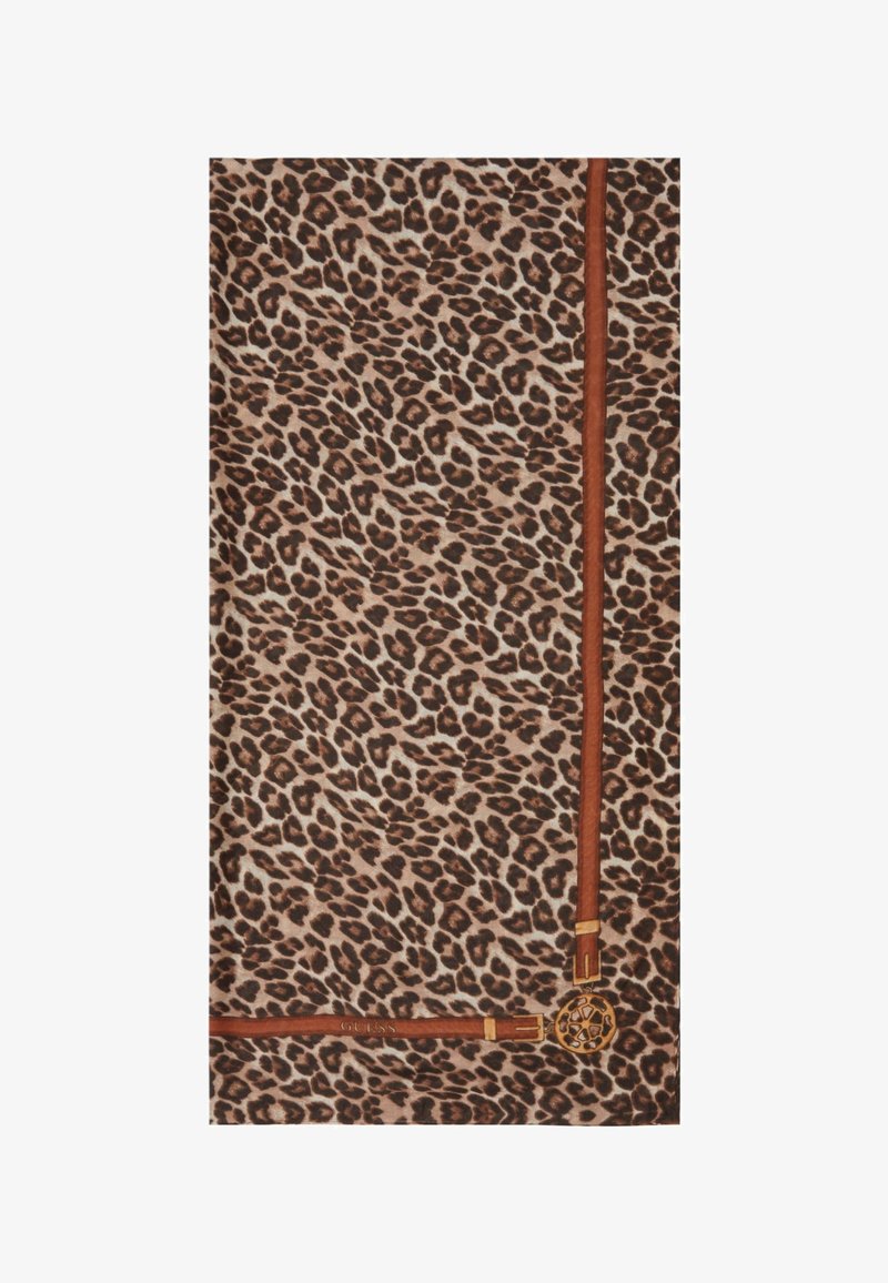 Sciarpa con stampa leopardo in beige e marrone, con un bordo decorativo marrone e accenti in oro alternati. Texture morbida.