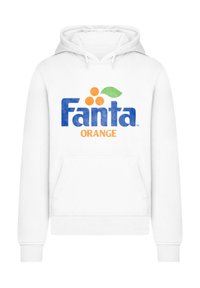 White hooded sweatshirt featuring the "Fanta" logo in blue with orange circles and a green leaf, front pocket, and ribbed cuffs.