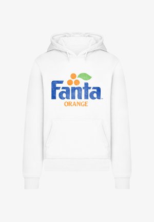 White hooded sweatshirt featuring the "Fanta" logo in blue with orange circles and a green leaf, front pocket, and ribbed cuffs.
