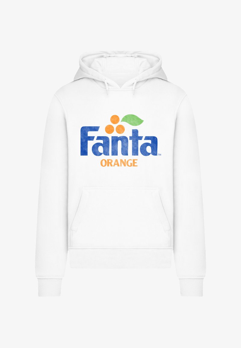 White hooded sweatshirt featuring the "Fanta" logo in blue with orange circles and a green leaf, front pocket, and ribbed cuffs.