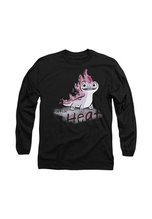 Long-sleeve black shirt featuring a cartoon creature with white body and pink flames, along with the text "BRINGIN' the Heat."