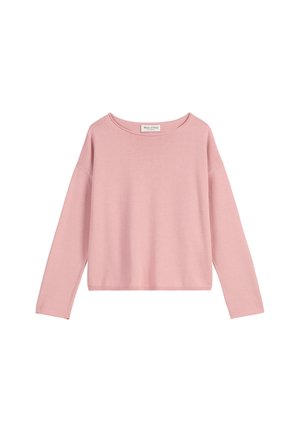 Maglione rosa a maniche lunghe realizzato in morbido tessuto, con collo rotondo, spalle scese e orlo corto. Design minimalista, senza fantasie.