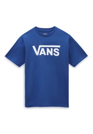 Blå kortærmet bomulds-T-shirt med hvidt Vans-logo i midten af brystet og rund hals.