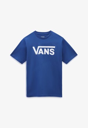 Camiseta de algodón azul de manga corta con logo blanco de Vans centrado en el pecho y cuello redondo.