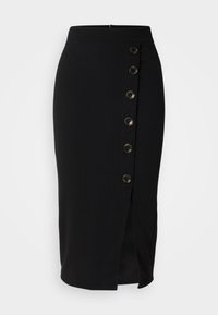 Černá kolena dlouhá tužková sukně s vysokým pasem, bočním rozparkem a vertikálním řadou sedmi černých knoflíků na levé straně.
