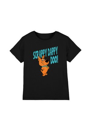 Black t-shirt featuring Scooby-Doo standing confidently with text "SCRAPPY DAPPY DOO!" in blue above him.