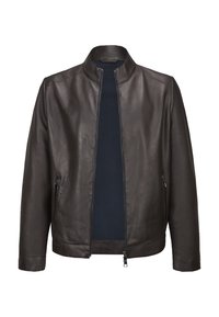 Dunkelbraune Lederjacke mit Stehkragen, Frontreißverschluss und seitlichen Taschen. Sie hat eine glatte Textur und ein marineblaues Innenfutter.