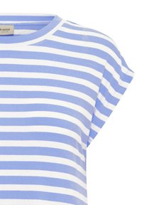 Chemise à manches courtes à rayures horizontales bleu et blanc avec col rond et étiquette de marque Fransa à l'intérieur du col.