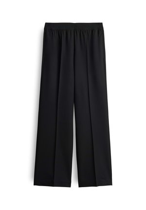 Pantalons larges noirs avec une taille élastique, des plis avant et des ourlets droits, présentés sur un fond blanc.