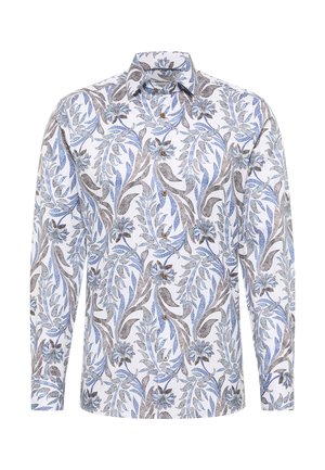 Langarmshirt met een bloemenpatroon in blauw en bruin op een witte achtergrond, met een kraag en knoopdetails.