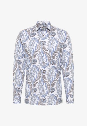 Langarmshirt met een bloemenpatroon in blauw en bruin op een witte achtergrond, met een kraag en knoopdetails.