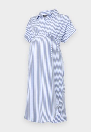 Modra in bela črtasta nosečniška obleka, kratki rokavi, ovratnik, z vezi na pasu, narejena iz mehke tkanine z sproščenim krojem.