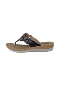 Infradito neri con decorazioni in perline, suola imbottita color beige chiaro e tacco a zeppa. Texture liscia, design a profilo basso.