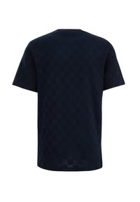 Navy blue short-sleeve shirt with subtle checkered pattern, shown from the back on a white background.