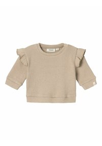 Felpa a maniche lunghe color beige con dettagli a rouches sulle spalle, scollatura rotonda e orlo aderente. Tessuto morbido e design casual.