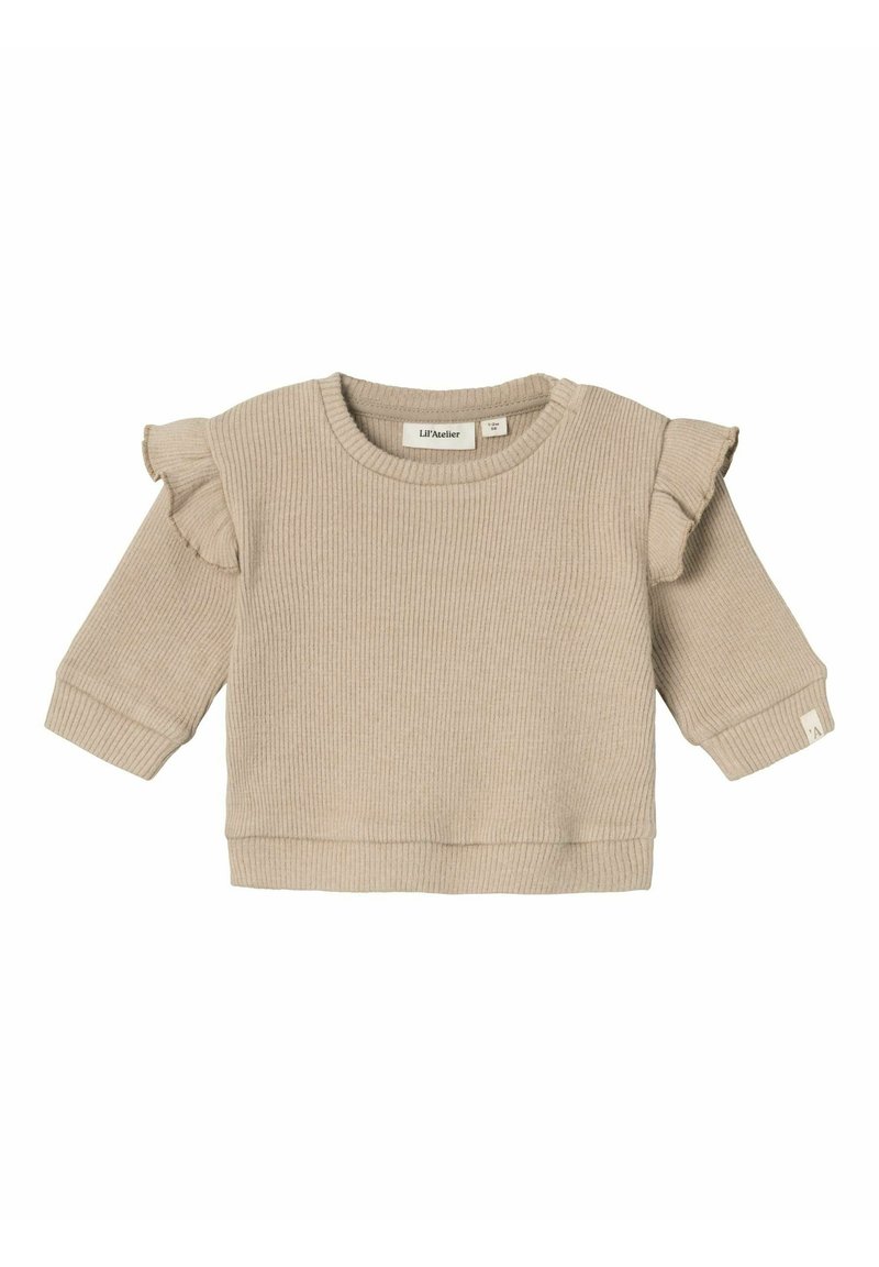 Felpa a maniche lunghe color beige con dettagli a rouches sulle spalle, scollatura rotonda e orlo aderente. Tessuto morbido e design casual.