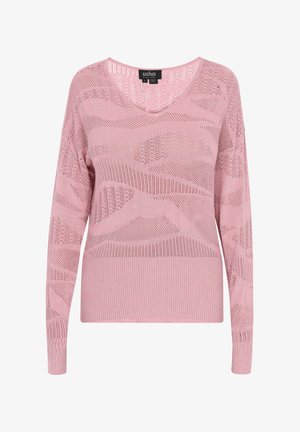 Jasnoróżowy sweter z dzianiny z dekoltem w serek, z falistym wzorem siateczkowym oraz ściągaczami na mankietach i u dołu. Wykonany z miękkiego, oddychającego materiału.