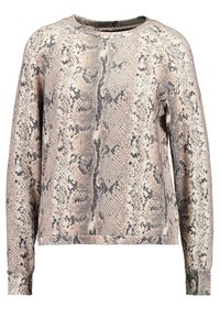 Długi rękaw, bluza w beżowy i czarny wzór węża, z okrągłym dekoltem i ściągaczami przy rękawach, wykonana z miękkiej, teksturowanej tkaniny.