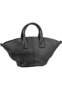 Zwarte leren handtas met een brede, ronde vorm, dubbele handvatten bovenaan, een vlakke bodem en een centrale naaddetailing. Gladde textuur zonder zichtbare hardware.