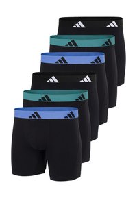 Zes paar zwart heren boxershorts met Adidas-logo op de tailleband in afwisselend blauw, teal en zwart.