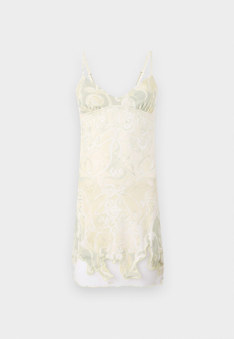 Jasnozielona i kremowa koszula nocna z delikatnymi wirującymi wzorami, regulowanymi ramiączkami i zaokrąglonym dołem. Wykonana z miękkiego, lekko przezroczystego materiału.