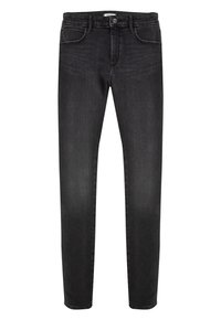 Pantalones vaqueros negros de mezclilla con un corte recto, que cuentan con bolsillos delanteros y traseros, cierre de botón y un desvanecimiento mínimo para una apariencia uniforme.