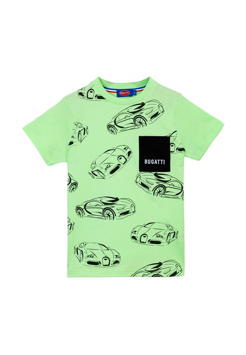 Grünes Baumwoll-T-Shirt mit schwarzen Skizzen von Autos. Beinhaltet eine schwarze Tasche mit dem Aufdruck "BUGATTI" in Weiß. Kurze Ärmel und Rundhalsausschnitt.