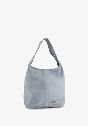 Sac à épaule en daim gris avec une texture douce, un haut incurvé et une seule bandoulière. Détails du logo sur le côté.
